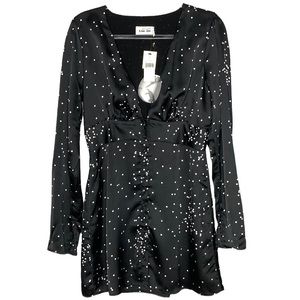 LINE & DOT BLACK -WHITE CONFETTI PRINT PLUNGING NECK BUTTON MINI DRESS SZ L